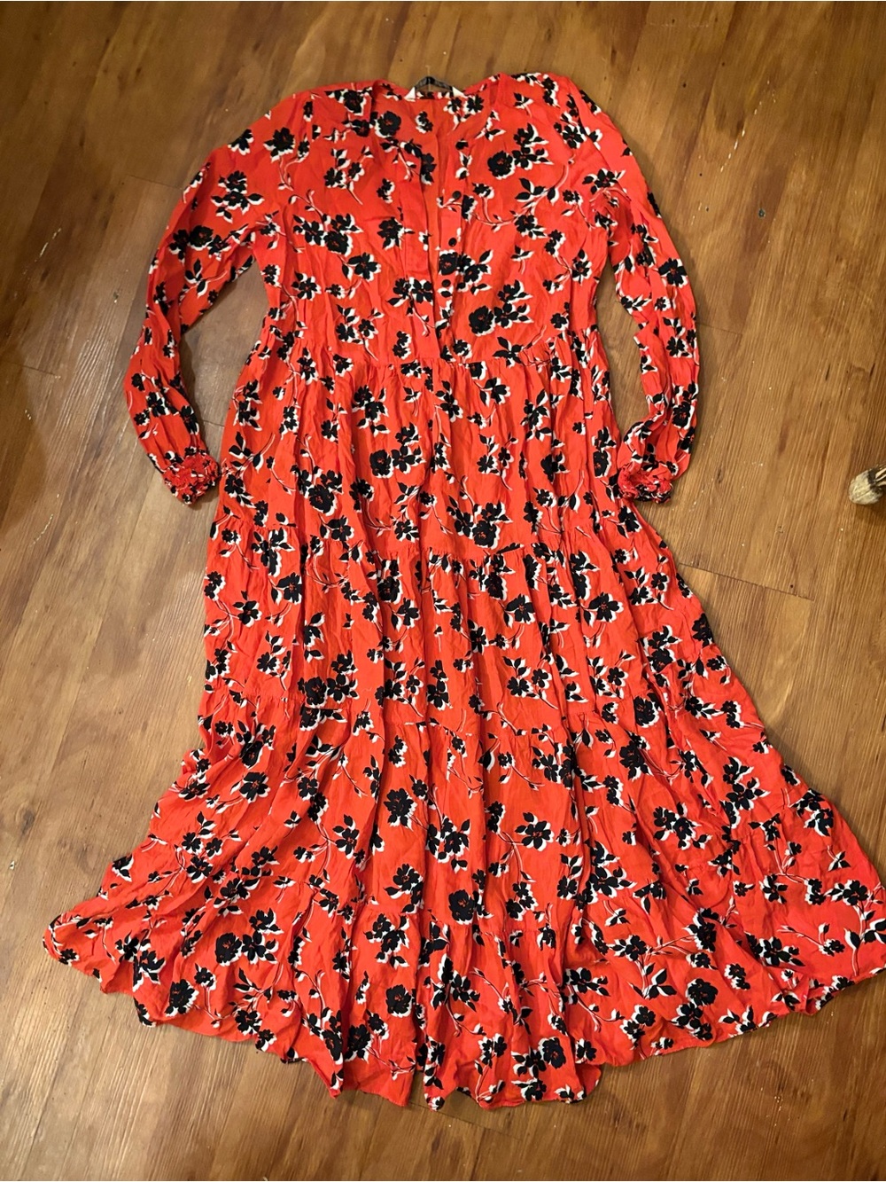 Zara Red Floral Long Sleeve Tiered Maxi Dress